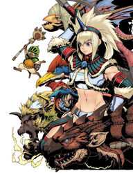  abs blue_eyes blush commentary_request dragon feline felyne female gendrome giadrome highres horns iodrome kirin_(armor) long_hair midriff monster monster_hunter_(character) monster_hunter_(series) painttool_sai_(medium) paw_stick rajang rathalos torashiro_eiji velocidrome white_hair wyvern yian_kut-ku 