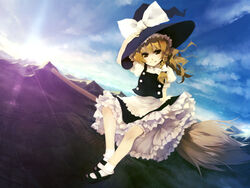  blonde_hair braid broom broom_riding chinchickrin cloud commentary_request day dutch_angle female grin hand_on_headwear hat hat_ribbon kirisame_marisa looking_at_viewer mary_janes mountain outdoors partial_commentary photoshop_(medium) ribbon shoes short_hair side_braid sidesaddle sky smile socks solo sun sunlight touhou witch witch_hat 