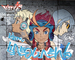  2boys artist_request basquash! blonde_hair blue_eyes crawley dan_jd dark-skinned_male dark_skin female graffiti headphones iceman_hotty multiple_boys sela_d_miranda spanky sunglasses white_hair 