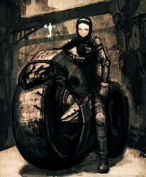  bad_id bad_pixiv_id biomega black_hair cyberpunk female highres motor_vehicle motorcycle nishu_mizunoe oguchi short_hair solo 