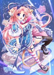  absurdres animal_ears blue_eyes bow breasts candy cat_ears cat_tail chocolate chocolate_bar cleavage commentary_request evemoina female food hairbow highres lolita_fashion long_hair medium_breasts necktie original panties photoshop_(medium) pink_hair popsicle solo star_(symbol) striped_clothes striped_thighhighs sweet_lolita tail thighhighs underwear wafer_stick wrist_cuffs 