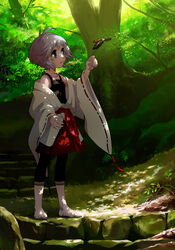  adapted_uniform barefoot bird blue_eyes camisole capri_pants commentary_request dappled_sunlight female forest grey_hair japanese_clothes nature nontraditional_miko original outdoors pants shade short_hair skirt solo stairs sunlight tree tree_shade wide_sleeves yukihiko 