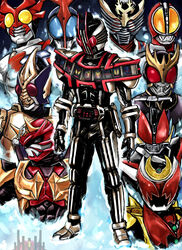  6+boys belt bodysuit buckle commentary_request complete_form everyone full_body gauntlets goggles kamen_rider kamen_rider_555 kamen_rider_agito kamen_rider_agito_(series) kamen_rider_agito_(shining_form) kamen_rider_blade kamen_rider_blade_(king_form) kamen_rider_blade_(series) kamen_rider_dcd kamen_rider_decade kamen_rider_den-o kamen_rider_den-o_(series) kamen_rider_faiz kamen_rider_hibiki kamen_rider_hibiki_(series) kamen_rider_kabuto_(series) kamen_rider_kiva kamen_rider_kiva_(emperor_form) kamen_rider_kiva_(series) kamen_rider_kuuga kamen_rider_kuuga_(ultimate_form) kamen_rider_ryuki kamen_rider_ryuki_(series) kamen_rider_ryuki_survive looking_at_viewer male_focus mougira multiple_boys red_eyes standing 