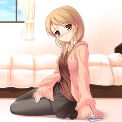  arm_support bed blush commentary_request female fushimi_yuyu pantyhose photoshop_(medium) sitting solo usotsuki_mii-kun_to_kowareta_maa-chan yuku_(kiollion) 