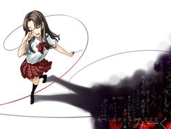  brown_hair closed_eyes commentary_request female knife misono_mayu mytyl photoshop_(medium) plaid plaid_skirt school_uniform skirt solo string string_of_fate usotsuki_mii-kun_to_kowareta_maa-chan weapon 