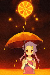  brown_eyes commentary_request female food fruit gimei gradient_hair hair_ornament hairclip juice multicolored_hair orange_(fruit) orange_theme orange_umbrella original overalls purple_hair solo star_(symbol) surreal umbrella 