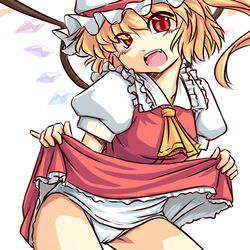  bad_id bad_pixiv_id blonde_hair clothes_lift dress dress_lift female flandre_scarlet hat kakkou looking_at_viewer lowres oerba_yun_fang one-piece_swimsuit one_side_up open_mouth pinky_out ponytail red_eyes school_swimsuit short_hair smile solo swimsuit swimsuit_under_clothes touhou white_one-piece_swimsuit wings 