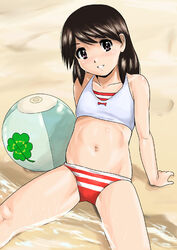  ayase_ena bad_anatomy ball beach beachball bikini black_hair brown_eyes commentary_request day female flat_chest short_hair shu-z solo swimsuit yotsubato! 