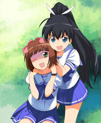  2girls a1_(initial-g) amami_haruka asphyxiation black_hair blue_eyes brown_hair choke_hold cosplay duplicate ganaha_hibiki green_eyes hakuryou_high_school_uniform hayase_mitsuki hayase_mitsuki_(cosplay) idolmaster idolmaster_(classic) kimi_ga_nozomu_eien long_hair multiple_girls name_connection one_eye_closed photoshop_(medium) ribbon saliva school_uniform short_hair skirt sleeper_hold strangling suzumiya_haruka suzumiya_haruka_(cosplay) turn_pale 