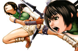  angry armor black_eyes black_hair commentary_request crop_top female fighting_stance final_fantasy final_fantasy_vii highres kawahara_ryuuji photoshop_(medium) short_hair shorts shouting shuriken sleeveless sleeveless_turtleneck turtleneck weapon yuffie_kisaragi 