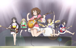  5girls akiyama_mio band bass_guitar commentary_request costume drum drum_set electric_guitar fur-trimmed_kimono fur_trim guitar hirasawa_yui instrument japanese_clothes jumping k-on! keyboard_(instrument) kimono kotobuki_tsumugi lens_flare long_hair multiple_girls nakano_azusa no_legwear qwer rock_(music) sandals short_kimono synthesizer tainaka_ritsu van_halen 