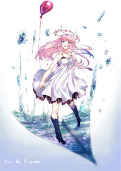  bad_id bad_pixiv_id balloon blue_eyes boots commentary_request female flower highres just_be_friends_(vocaloid) long_hair megurine_luka paper_airplane pink_hair saiun_hanatsubasa skirt solo string string_of_fate tears vocaloid water white_skirt 