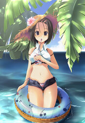  black_hair bow bow_panties commentary_request drinking_straw female hat innertube juice_box m.h midriff musaceae navel panties photoshop_(medium) sairenji_haruna short_hair short_shorts shorts side-tie_panties solo standing straw_hat swim_ring to_love-ru tree tropical underwear unzipped water 