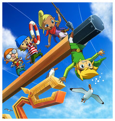  3boys bandana bird black_eyes blonde_hair camera cloud day female glasses hat link mako_(zelda) multiple_boys niko_(zelda) pirate pointy_ears seagull sky smile tetra the_legend_of_zelda the_legend_of_zelda:_the_wind_waker 