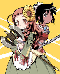  2girls axe bandeau black_hair blush braid brown_eyes brown_hair commentary_request dark-skinned_female dark_skin double-sided_axe dress eclair_(sekaiju) flail flower grey_eyes hair_flower hair_ornament highres holding holding_weapon jewelry lululila multiple_girls necklace photoshop_(medium) ponytail sarong sekaiju_no_meikyuu sekaiju_no_meikyuu_1 sekaiju_no_meikyuu_2 shilleka strapless sunflower sweatdrop tube_top twin_braids weapon yellow_flower yellow_sarong 