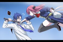  ! !! 1boy belt blue_eyes blue_hair bokken boots commentary_request female gloves kuu_(0427) letterboxed long_hair necktie pink_hair pixiv_master_and_servant ponytail punching purple_eyes skirt surprised sword thigh_boots thighhighs weapon white_gloves wooden_sword zettai_ryouiki 