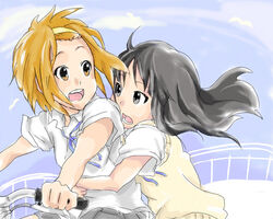  2girls akiyama_mio bad_id bad_pixiv_id hairband k-on! long_hair miyo_(aenmix) multiple_girls pillion sakuragaoka_high_school_uniform school_uniform tainaka_ritsu 