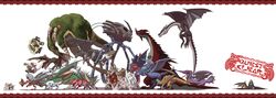  2girls absurdres akantor bulldrome chameleos commentary_request congalala crab daimyo_hermitaur dragon everyone fatalis felyne gravios gypceros hexapod highres khezu kirin_(monster_hunter) kushala_daora lao-shan_lung lunastra monster monster_hunter_(series) multiple_girls nargacuga plesioth rajang rathalos shen_gaoren size_difference teostra tigrex tsukumo_(soar99) ukanlos wyvern yama_tsukami yian_kut-ku 