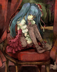  bad_id bad_pixiv_id blue_eyes blue_hair chair choker cross-laced_clothes cross-laced_skirt curtains end_of_the_golden_witch feet_on_chair female flower frilled_skirt frills furudo_erika hair_flower hair_ornament high-waist_skirt hugging_own_legs isago_(ica) light_smile long_hair looking_at_viewer no_shoes painting_(object) pantyhose picture_frame print_pantyhose puffy_sleeves red_flower red_rose rose sidelocks sitting skirt solo twintails umineko_no_naku_koro_ni 