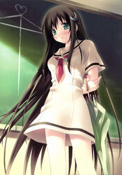  absurdres amesarasa black_hair blush chiyokawa_rin dress female green_eyes hair_ornament highres kantoku long_hair sailor_dress school_uniform solo umbrella 