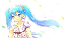  alternate_costume aqua_hair blue_eyes blue_hair blush bra_strap casual closed_mouth collarbone dress earrings female floating_hair floral_print food food-themed_earrings fruit grapes hair_ornament hair_scrunchie halterneck hamamo hand_on_own_chest hatsune_miku jewelry leaf long_hair red_ribbon ribbon scrunchie short_sleeves smile solo twintails upper_body vocaloid white_background wind 