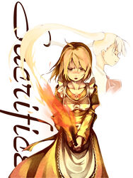  2girls ahoge brown_eyes brown_hair commentary_request dress elysion fire foge highres multiple_girls photoshop_(medium) sacrifice&#039;s_sister_(elysion) sacrifice_(sound_horizon) short_hair sound_horizon tears twintails 