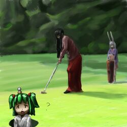  3girls ? animal_ears bad_id bad_pixiv_id black_hair field futsuu golf golf_club golf_course grass green_hair houraisan_kaguya kisume light_purple_hair long_hair long_sleeves multiple_girls purple_hair rabbit_ears reisen_udongein_inaba standing touhou tree twintails very_long_hair 