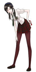  aqua_eyes aturou0129 brown_hair commentary_request evangelion:_2.0_you_can_(not)_advance female glasses hairband highres holding holding_removed_eyewear leaning_forward legs long_hair makinami_mari_illustrious necktie neon_genesis_evangelion plaid plaid_skirt rebuild_of_evangelion school_uniform skirt solo thighhighs unworn_eyewear 