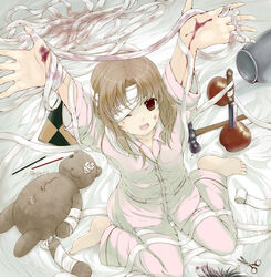  apple bad_id bad_pixiv_id bandage_over_one_eye bandages barefoot bed_sheet blood brown_eyes brown_hair female food fruit hammer happy injury knife mii-kun notebook one_eye_closed open_mouth pajamas pencil photoshop_(medium) scissors sitting solo stuffed_animal stuffed_toy teddy_bear tsuzuri_(itosousou) usotsuki_mii-kun_to_kowareta_maa-chan wariza wooden_pencil 