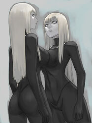  2girls alicia_(claymore) ass bad_id bad_pixiv_id beth_(claymore) blonde_hair bodysuit breast_press breasts claymore_(series) cowboy_shot grey_eyes large_breasts lips long_hair multiple_girls photoshop_(medium) siblings sisters symmetrical_docking tea_(nakenashi) twins 