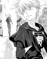  1boy bad_id bad_pixiv_id cleo_everlastin female greyscale kittaka_kaname majic_lin majutsushi_orphen monochrome short_hair sword weapon 