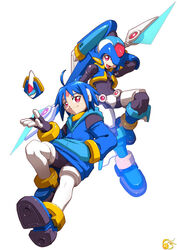  1boy :d ahoge ankle_boots arm_up biometal blue_footwear blue_hair blue_vest boots closed_mouth floating floating_object full_body hand_in_pocket helmet holding holding_weapon hood hood_down hooded_jacket jacket long_sleeves looking_at_viewer male_focus mega_man_(series) mega_man_zx model_l_(mega_man) official_art open_mouth pink_eyes pocket smile thetis_(mega_man) vest weapon 