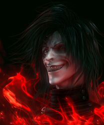  1boy 3d alucard_(hellsing) black_hair fangs fire grin hellsing male_focus pale_skin red_eyes smile solo teeth vampire wen_jr 