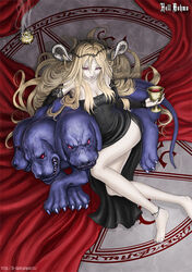  anklet barefoot blonde_hair breasts burunuu_(bullnukko) canine censer cerberus chalice cleavage cup cupping_glass detached_sleeves feet female horns incense jewelry large_breasts legs long_hair long_legs lying monster nail_polish original pale_skin pentagram purple_nails red_eyes solo 