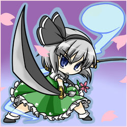  :&lt; black_hairband blue_eyes cherry_blossoms chibi commentary_request dual_wielding female ghost grey_hair hairband hitodama holding katana konpaku_youmu konpaku_youmu_(ghost) petals short_hair solo sword touhou wabi_(wbsk) weapon 