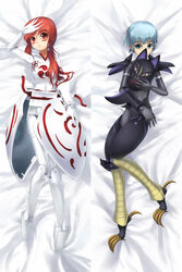  2girls armor bad_id bad_pixiv_id bed blue_eyes blue_hair busou_shinki dakimakura_(medium) doll_joints fubuki_(busou_shinki) highres joints long_hair lying mask mizuki_(busou_shinki) multiple_girls observerz on_back red_eyes red_hair 