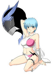  bikini blue_eyes blue_hair boots breasts cape commentary_request denki_showgun female kneeling large_breasts midriff short_hair swimsuit thigh_strap wingman wingman_(wingman) yume_aoi 