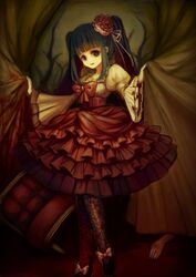  bad_id bad_pixiv_id blue_eyes blue_hair blunt_bangs bow chair cross-laced_clothes cross-laced_skirt curtain_grab curtains emi_(emi43) end_of_the_golden_witch female frilled_skirt frills furudo_erika hands high-waist_skirt pantyhose pink_bow ribbon skirt solo twintails umineko_no_naku_koro_ni 