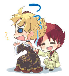  1boy beatrice_(umineko) blonde_hair blue_eyes chibi closed_eyes commentary_request dress female formal oerba_yun_fang pointing red_eyes suit takamura_masaya umineko_no_naku_koro_ni ushiromiya_battler 