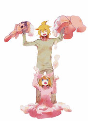  1boy blonde_hair blue_eyes brother_and_sister commentary_request female hair_ribbon kagamine_len kagamine_rin ribbon short_hair siblings simple_background stuffed_animal stuffed_toy twins una_(mazinger) vocaloid 