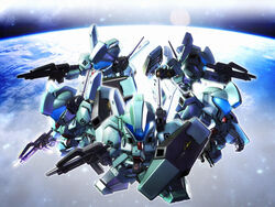  a_mituhashi assault_visor beam_rifle blue_visor char&#039;s_counterattack chibi commentary_request earth_(planet) emblem energy_gun gun gundam holding holding_gun holding_weapon jegan mecha mecha_focus mobile_suit no_humans photoshop_(medium) planet robot science_fiction sd_gundam shield space weapon 