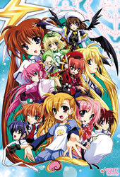  1boy 6+girls :o bad_id bad_pixiv_id beret black_wings blonde_hair blue_dress blue_eyes blush braid brown_hair caro_ru_lushe dress erio_mondial fate_testarossa hat highres kanna_(plum) klarwind long_sleeves looking_at_viewer lyrical_nanoha magic_circle magical_boy magical_girl mahou_shoujo_lyrical_nanoha_strikers multiple_girls one_eye_closed open_mouth pink_hair ponytail red_eyes shamal short_hair sidelocks signum spread_fingers subaru_nakajima takamachi_nanoha tareme teana_lanster twin_braids twintails uniform vita_(nanoha) vivio wings yagami_hayate 