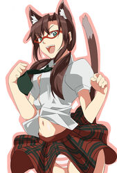  animal_ears cat_ears cat_tail date_(senpen) evangelion:_2.0_you_can_(not)_advance female glasses long_hair makinami_mari_illustrious midriff navel necktie neon_genesis_evangelion panties paw_pose plaid plaid_skirt rebuild_of_evangelion skirt solo striped_clothes striped_panties tail underwear 