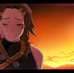  asymmetrical_hair bad_id bad_pixiv_id bounen_no_xam&#039;d braid crying female kosame_daizu nakiami red_hair sad solo sunset tears 