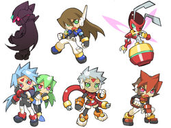  2girls 4boys antennae atlas_(mega_man) blue_hair brother_and_sister brown_hair cable capcom chibi clenched_hands closed_mouth commentary_request dark-skinned_male dark_skin dyed_bangs facial_mark forehead forehead_mark from_behind full_body glowing glowing_eyes green_eyes green_hair grey_(mega_man) grey_hair grin happy legs_apart long_hair looking_at_viewer looking_back mega_man_(series) mega_man_zx mega_man_zx_advent multicolored_hair multiple_boys multiple_girls omega_(mega_man) open_mouth pandora_(mega_man) ponytail prometheus_(mega_man) queenbee_(mega_man) red_eyes red_hair shigehiro_(hiroi_heya) short_hair siblings simple_background smile standing teeth tied_hair two-tone_hair v-shaped_eyebrows vent_(mega_man) very_long_hair white_background wings 