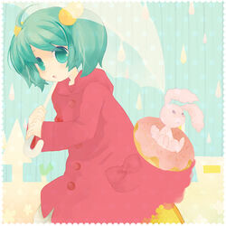  ahoge alternate_hair_length alternate_hairstyle ame_nochi_sweet_drops_(vocaloid) bad_id bad_pixiv_id female green_eyes green_hair hair_bobbles hair_ornament hatsune_miku innertube jiruta lolicon rain short_hair solo stuffed_animal stuffed_rabbit stuffed_toy swim_ring umbrella vocaloid 