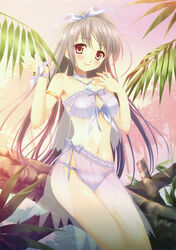  absurdres bandeau bikini blush bow breasts cleavage female front-tie_top grey_hair hairbow highres long_hair looking_at_viewer medium_breasts megami_magazine megami_magazine_creators navel palm_tree red_eyes scan see-through solo swimsuit touto_seiro tree 