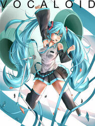  aqua_eyes aqua_hair aqua_nails bare_shoulders black_thighhighs checkered commentary_request detached_sleeves female hatsune_miku headset highres jumping long_hair microphone microphone_stand midair nail_polish necktie poo_(saku) skirt solo thighhighs twintails vocaloid zettai_ryouiki 