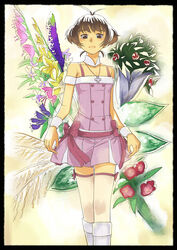  1boy akizuki_ryo antenna_hair black_background brown_eyes brown_hair commentary_request cute_&amp;_girly_(idolmaster) detached_collar faux_traditional_media floral_background flower gladiolus idolmaster idolmaster_dearly_stars inu_(aerodog) male_focus otoko_no_ko pink_flower purple_flower red_flower solo yellow_flower 