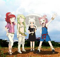  4girls 7th_dragon 7th_dragon_(series) \||/ animal_ears ankle_strap armor belt bikini_armor black_footwear blue_eyes blunt_bangs blush brown_footwear capri_pants closed_eyes closed_mouth commentary_request fighter_(7th_dragon) full_body green_hair half-closed_eyes harukara_(7th_dragon) healer_(7th_dragon) heart heart_necklace high_heels holding holding_umbrella ikurakun_(7th_dragon) jewelry jitome kate_(7th_dragon) knight_(7th_dragon) lineup long_hair looking_at_viewer loose_belt mage_(7th_dragon) multiple_girls necklace open_mouth orange_eyes outdoors pants parasol pink_hair red_hair rosary_(7th_dragon) short_sleeves standing strappy_heels sweatdrop tenjin umbrella white_hair white_pants white_umbrella yellow_eyes 